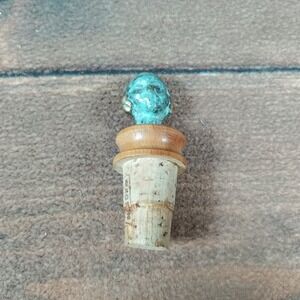 Vintage Patina Bronze Head Wine Bottle Stopper Wood Cork